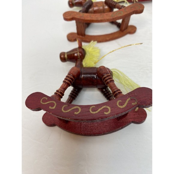 🐎 Set Of 5-Vintage Wooden Toy ORNAMENTS Rocking Horses Yarn Mane & Tail - Picture 12 of 14